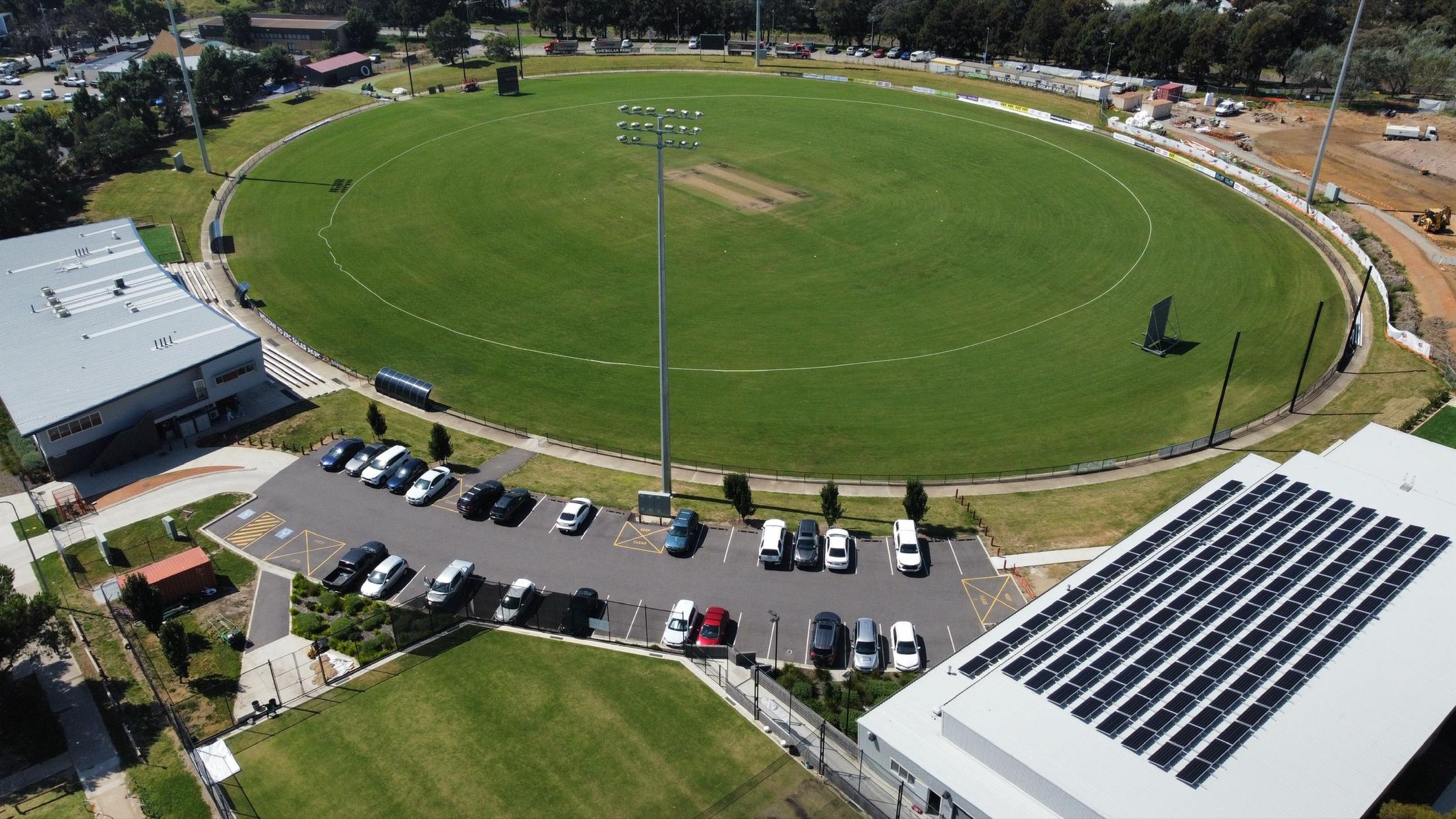 Aerial view of Phillip Oval with rooftop Solar PV on the clubhouse