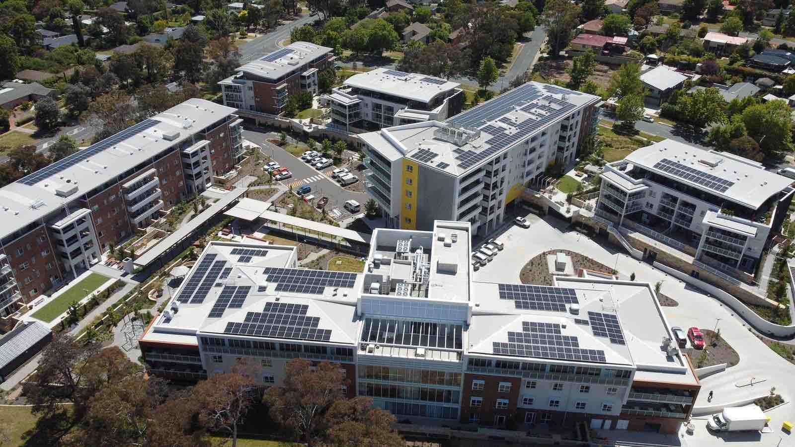 Aerial of Goodwin Farrer rooftop solar arrays