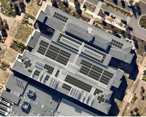 Aerial of rooftop solar arrays at AFP Majura