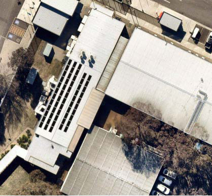 Aerial of rooftop solar arrays at AFP Majura