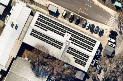 Aerial of rooftop solar arrays at AFP Majura