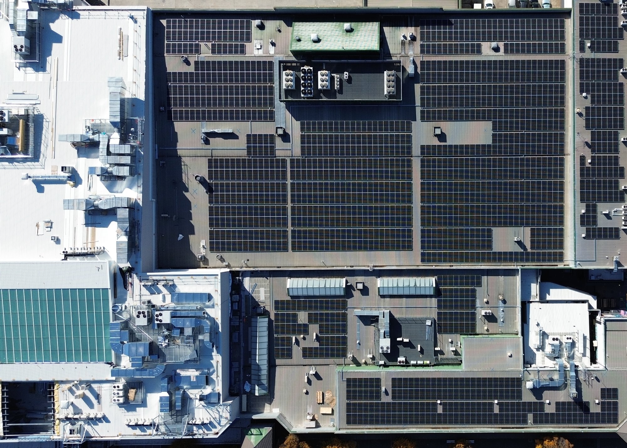 Aerial of the Gungahlin Marketplace roof with solar arrays