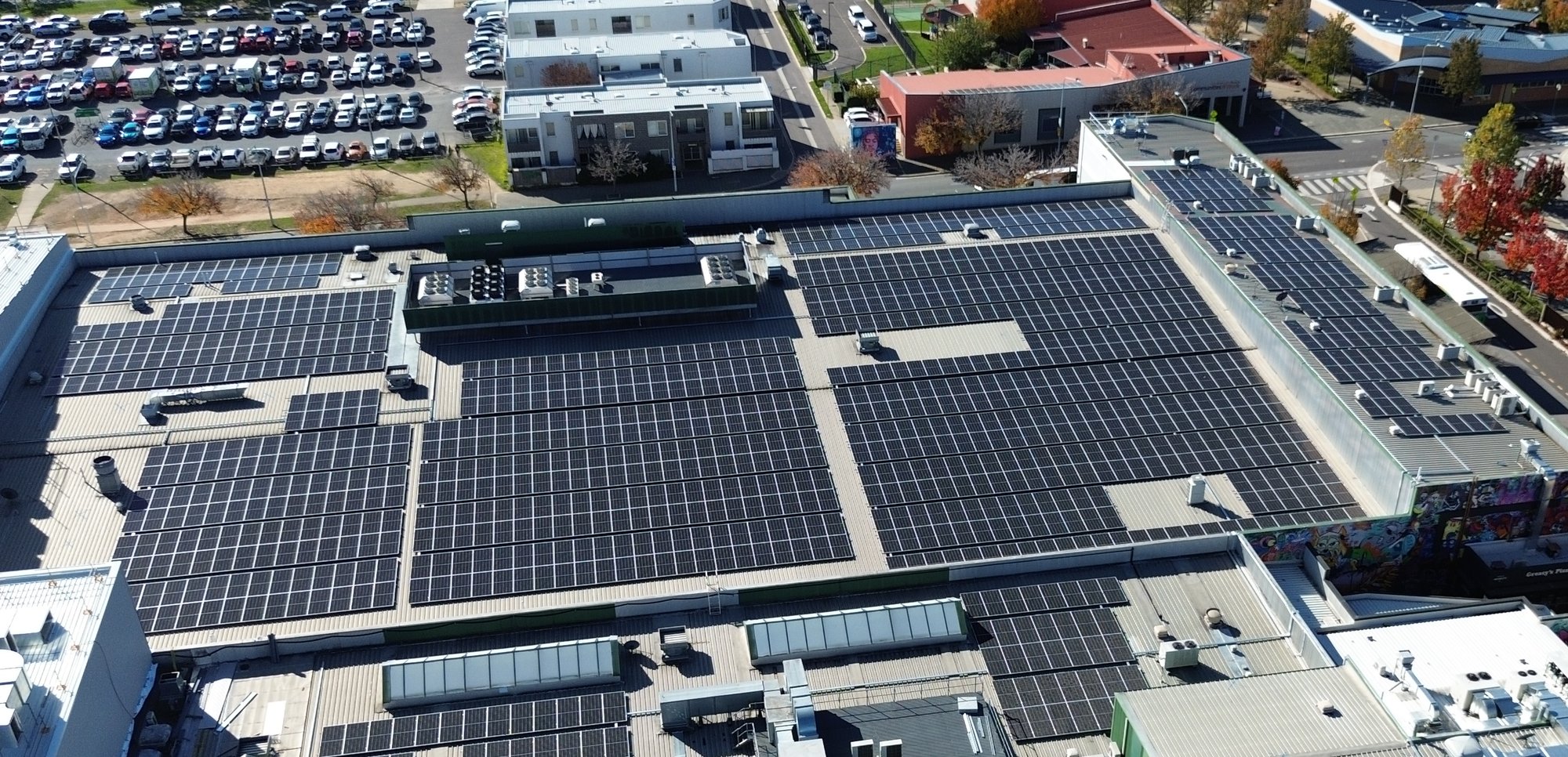 Aerial of the Gungahlin Marketplace roof with solar arrays