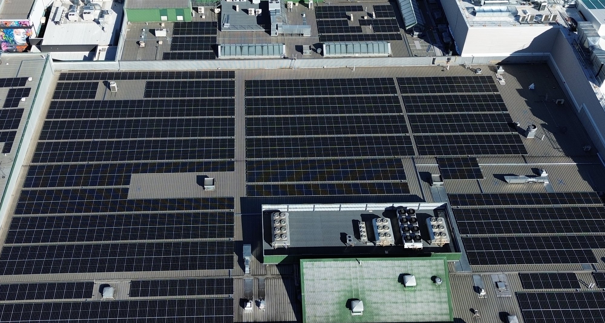 Aerial of the Gungahlin Marketplace roof with solar arrays
