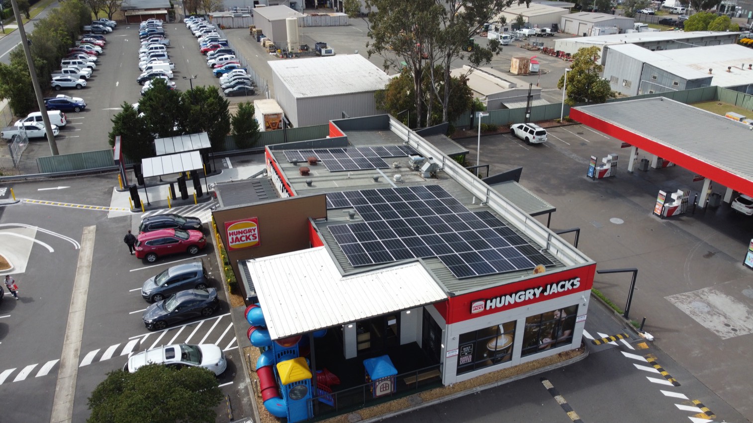 Hungry Jack's restaurant with rooftop solar on a metal roof