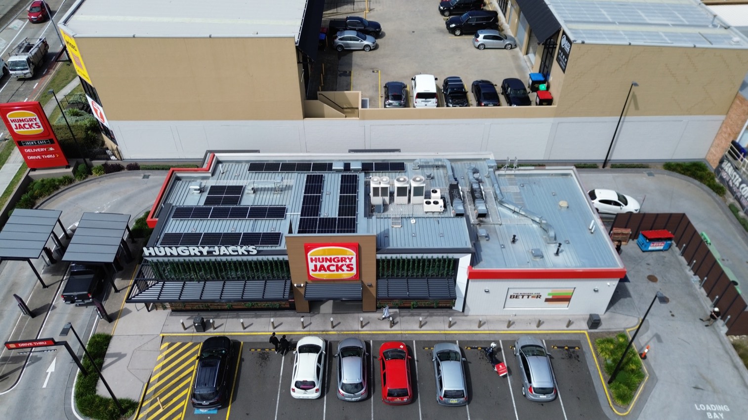 Hungry Jack's restaurant with rooftop solar on a metal roof