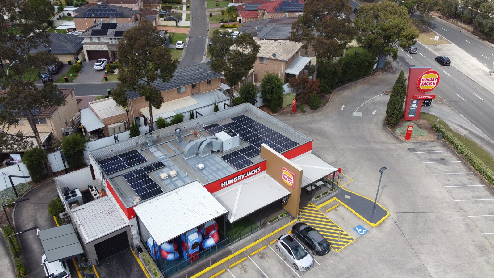 Hungry Jack's restaurant with rooftop solar on a metal roof