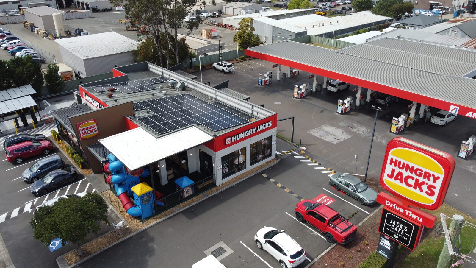 Hungry Jack's restaurant with rooftop solar on a metal roof