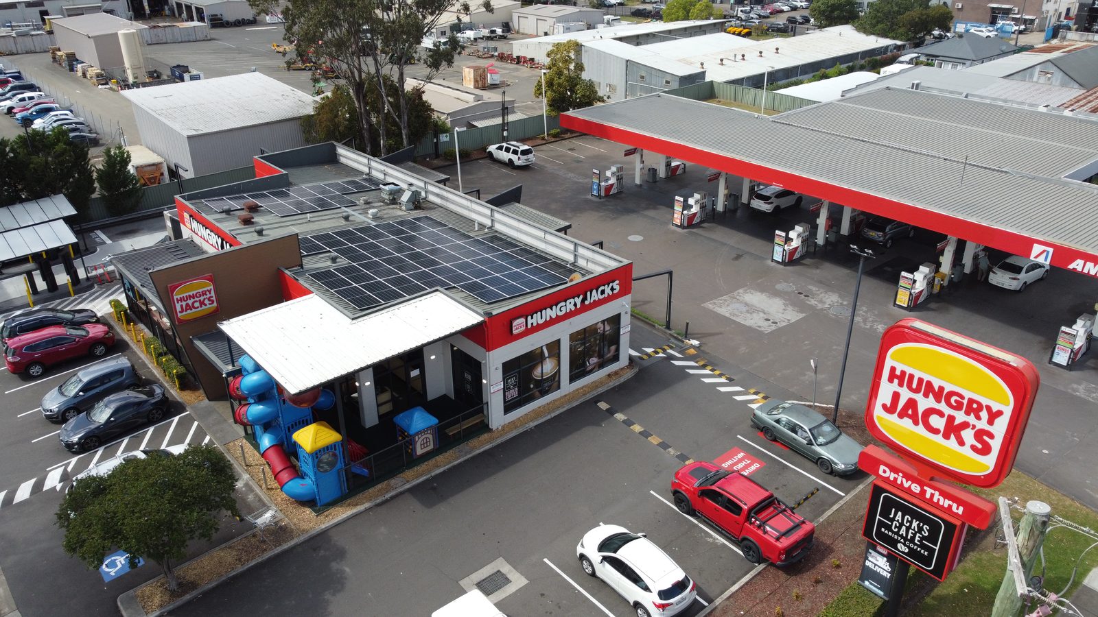 Hungry Jack's restaurant with rooftop solar on a metal roof