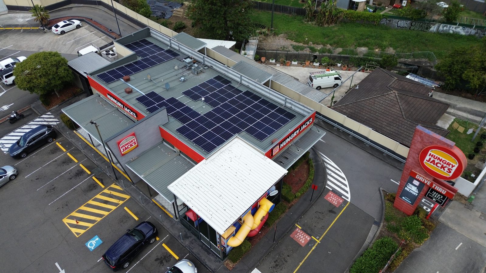 Hungry Jack's restaurant with rooftop solar on a metal roof