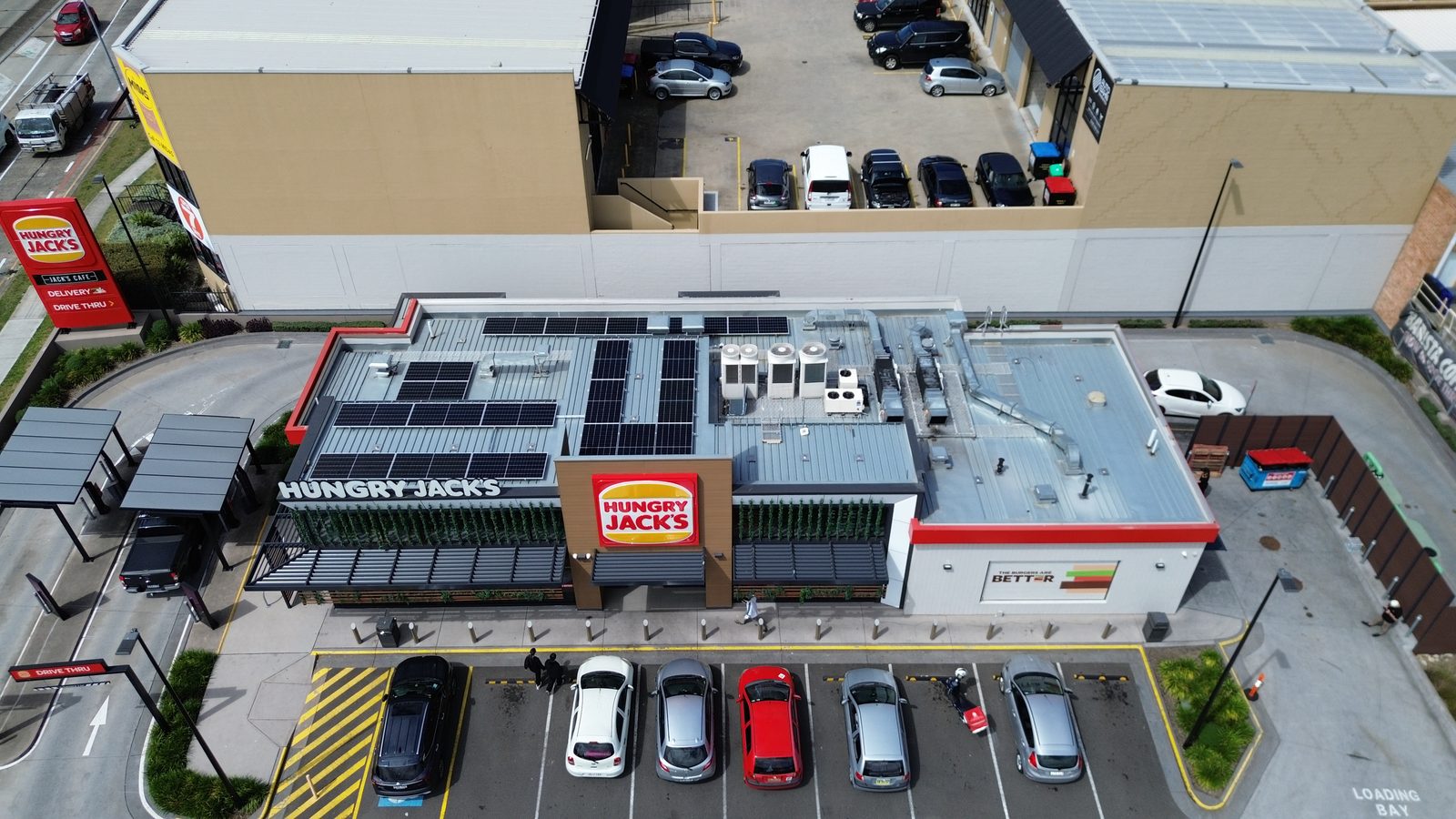 Hungry Jack's restaurant with rooftop solar on a metal roof