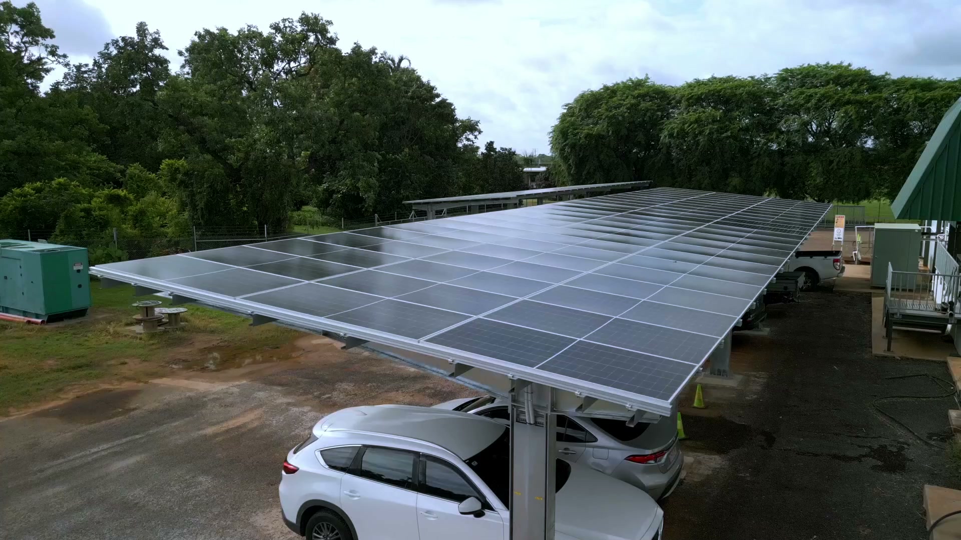 Aerial view of a commercial solar carport over a car park in the Northern Territory
